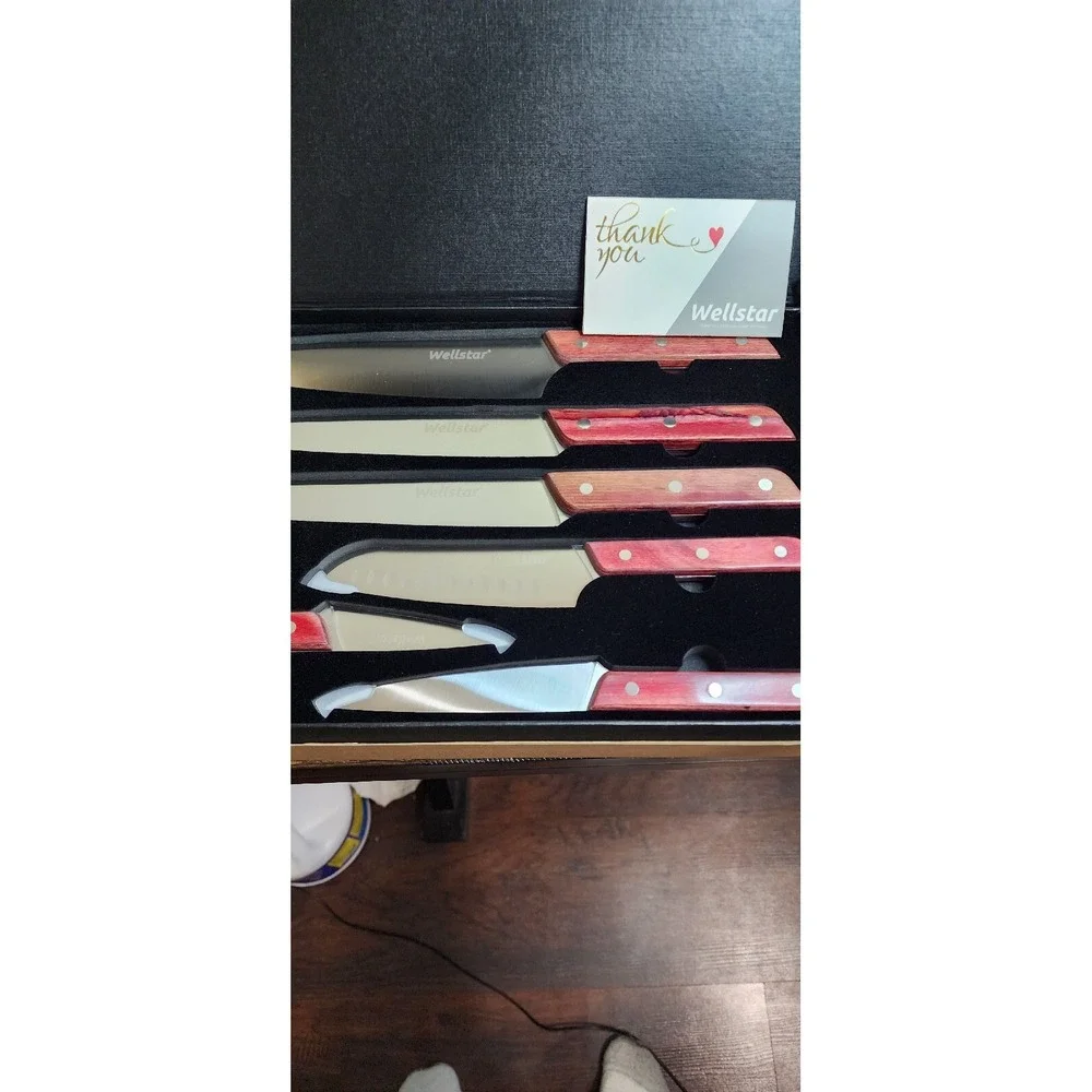 Wellstar 6 Pc Knife Set Red Wood Handle German Stainless Steel Chef Knives Boxed